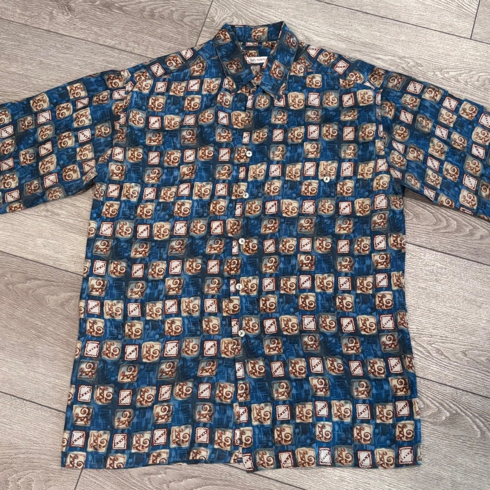 Burma‎ Bibas Silk Button Up Shirt Mens Medium Abstract Pattern Vintage Style